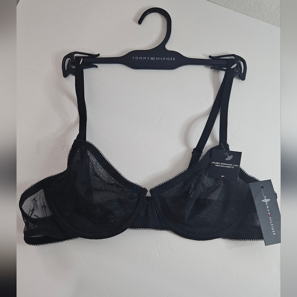 Tommy Hilfiger Black Lace Bra 34A Logo Mesh Unlined Underwire Balconette